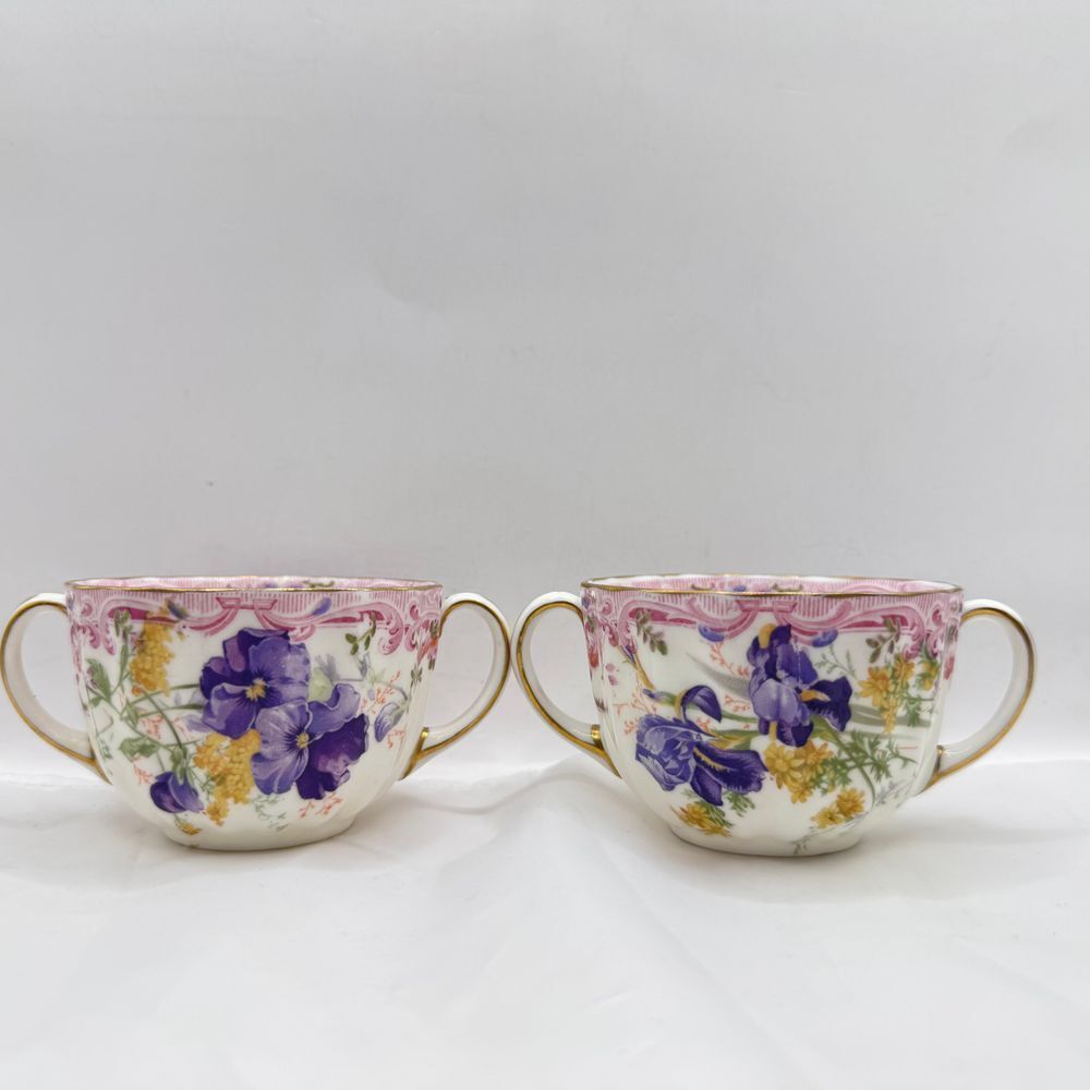 Doulton Burslem Antique‎ Floral Tea Cups Hand Painted gold guild Set of 2